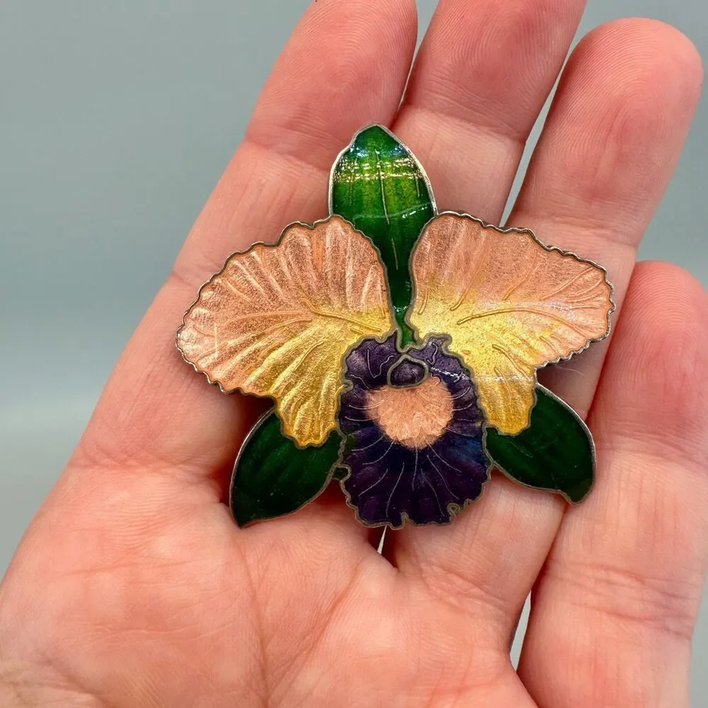 Vintage Cloisonne Flower Brooch Peach Purple Green Orchid Iridescent Enamel 2